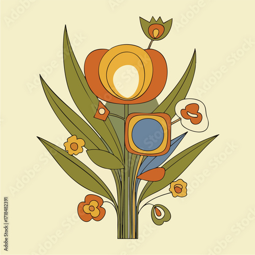 Stylized floral arrangement with retro color palette, featuring geometric flower shapes and long leaves on a light background.