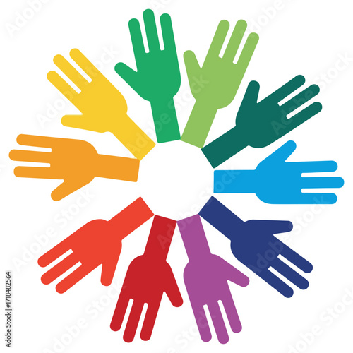Colorful hands representing unity and diversity in a circle.