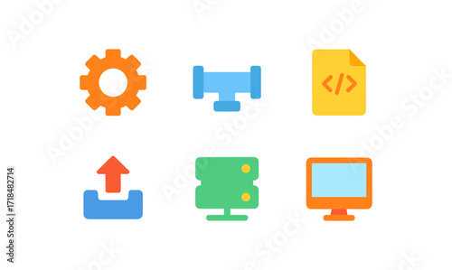 Devops tools icon set featuring gear, pipeline, script, upload, server, and monitor for design projects