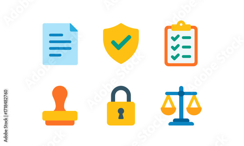 Regulatory compliance icons set for business and legal use, featuring document, shield, checklist, stamp, lock, and scales