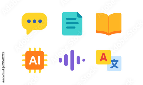 Colorful set of flat icons for nlp and language processing concepts and applications
