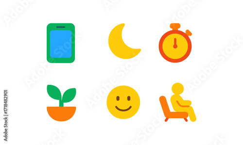 Digital wellbeing icon set featuring moon, timer, plant, smiley face, tablet, and relaxation