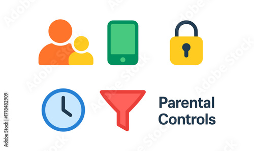 Parental controls icon set for digital security and child safety applications