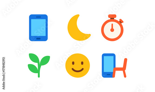 Digital wellbeing icons set featuring timer, moon, plant, happy face, mobile, and chair elements for mindfulness concepts