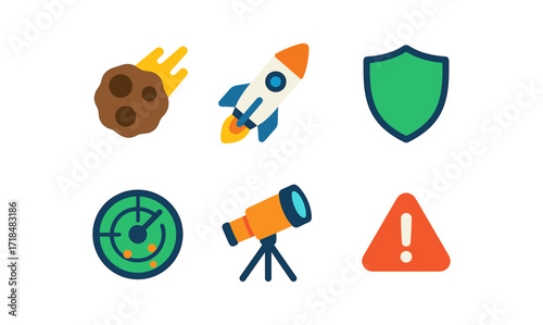 Planetary defense icons set featuring meteor, rocket, shield, radar, telescope, and alert symbol for space-themed designs