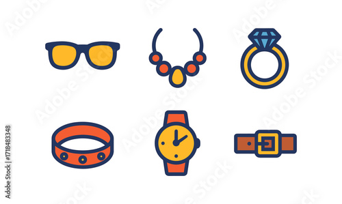 Flat fashion icons design for accessories collection - sunglasses, necklace, ring, bracelet, watch, belt