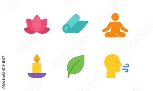 Yoga icons set featuring lotus, mat, meditating figure, candle, leaf, and breathing person for wellness and relaxation