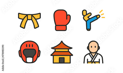Martial arts icons set: karate belt, boxing glove, kicking pose for design elements
