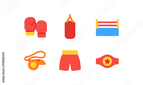 Boxing training icon set featuring gloves, ring, punching bag, whistle, shorts, and championship belt for sports design