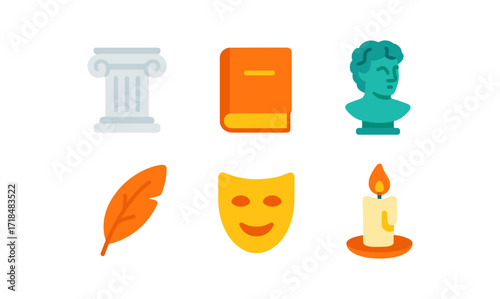 Philosophy icon collection featuring column, book, sculpture, quill, mask, candle - ideal for educational and design uses