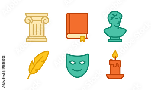 Philosophy and classics icon set featuring column, book, bust, feather, mask, and candle