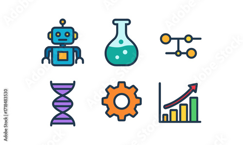 Stem project icons for educational design: robot, flask, graph, gear with simple composition
