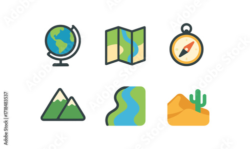 Geography education icons set featuring globe, map, compass, mountains, river, and desert elements for learning and design