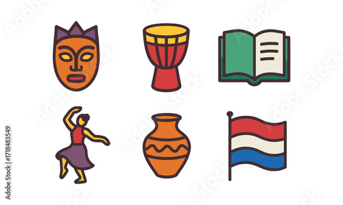 Cultural icons grid featuring traditional mask, drum, book, dance, vase, and flag for educational design