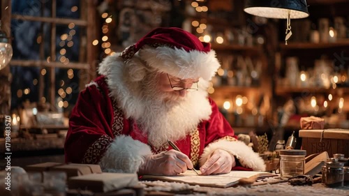 A warm video of Santa preparing gifts on Christmas Eve night, Generative AI
