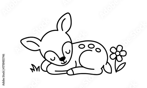 Peaceful sleeping fawn with flower in simple black and white outline