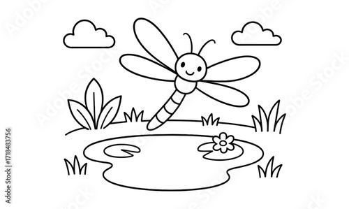 Cute dragonfly outline over pond with clouds and plants for coloring