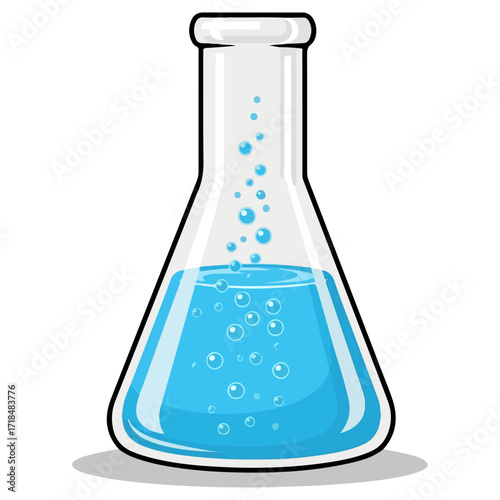 Laboratory flask with blue liquid and bubbles.