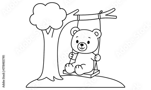 Cute teddy bear on swing under tree coloring page for kids