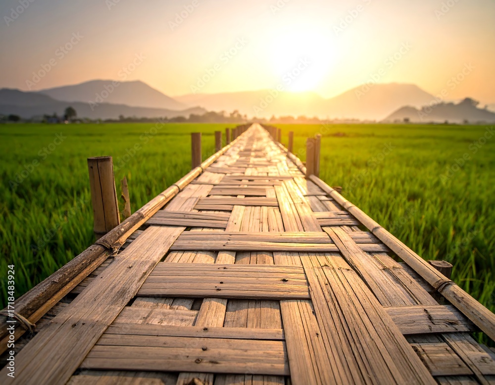 Obraz premium Bamboo bridge over rice paddy at sunset