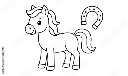 Cute cartoon horse and horseshoe coloring page for kids