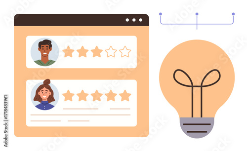 Two user profiles with star ratings in a web interface alongside a glowing light bulb. Ideal for feedback, user experience, innovation, creativity, evaluation, technology, teamwork. Simple flat