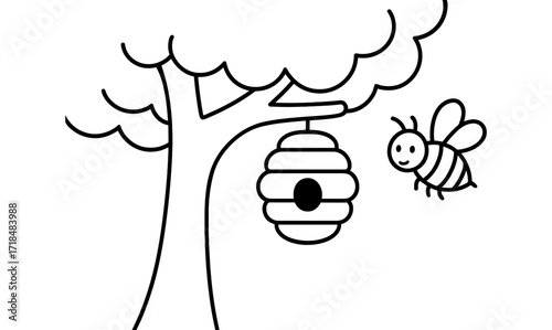 Simple outline of tree with beehive and bee for kids coloring