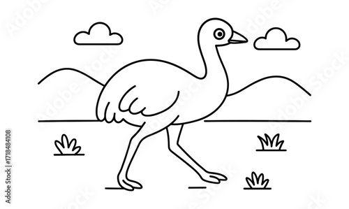 Minimalist ostrich outline with landscape background in black and white