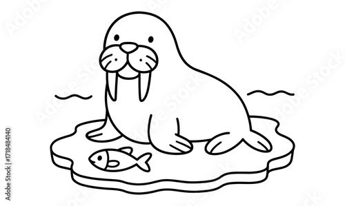 Cute walrus on ice floe with fish in simple line art style