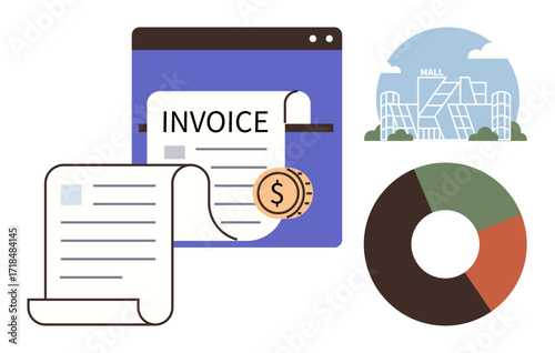 Rolled invoices, coin, shopping mall, and pie chart highlight finance, business, shopping, data analysis, accounting budgeting retail and commerce. Ideal for simple flat metaphor