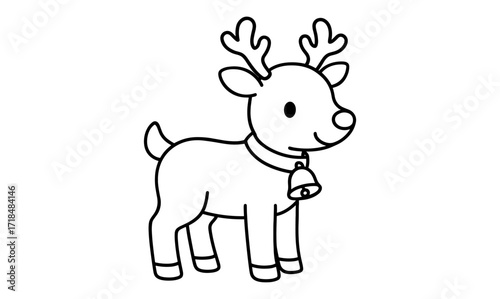 Cute christmas reindeer with bell in simple line art