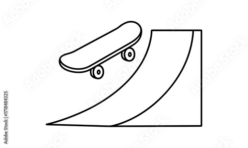 Minimalist skateboarding icon of skateboard on halfpipe ramp in motion