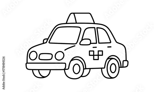 Simple outline of a cartoon taxi cab with checkered detail