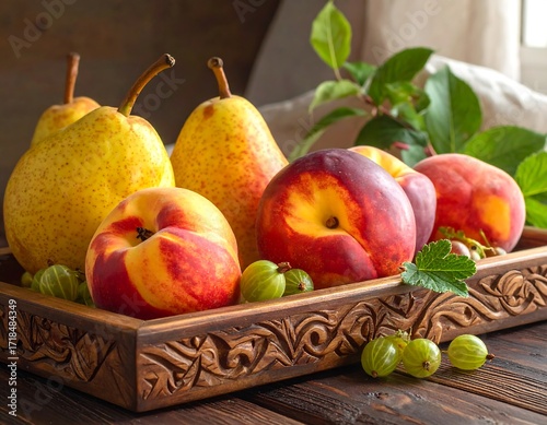 Fresh fruits on a wooden tray