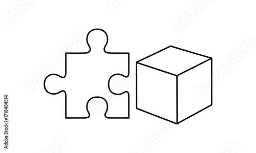 Minimalist line art of puzzle piece and cube outline for problem solving concepts