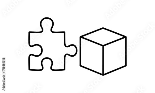 Puzzle piece and cube outline in minimalist black and white design