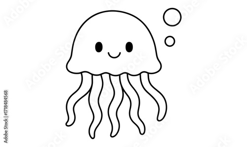 Cute smiling jellyfish outline with bubbles in minimalist style