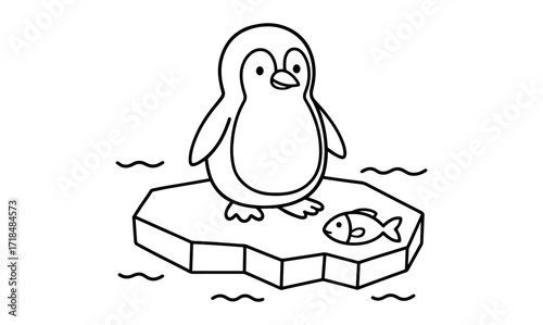 Cute penguin on iceberg with fish for children's coloring pages
