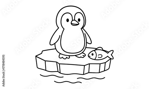 Cute penguin on iceberg with fish in simple black and white line art