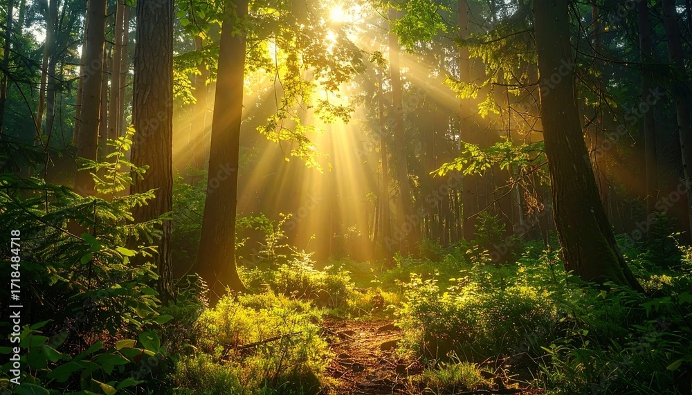 Naklejka premium Sunlight Streaming Through Forest Trees Casting Rays of Light on Green Foliage