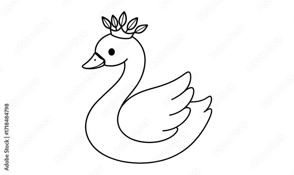 Fototapeta premium Cute swan outline with leaf crown for kids' coloring and art activities