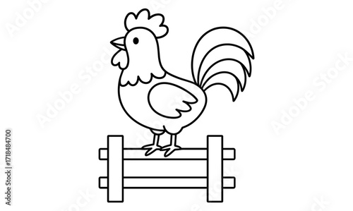 Cartoon rooster on fence outline for coloring pages and farm-themed designs