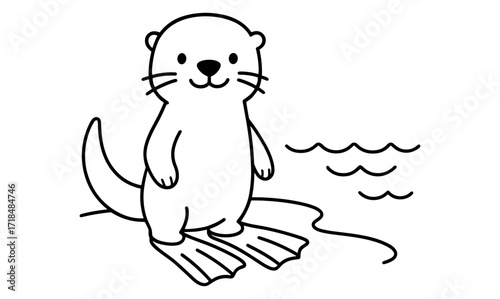 Cute cartoon otter with flippers by the water