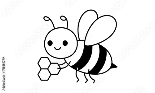 Cute smiling bee holding honeycomb in simple line art style