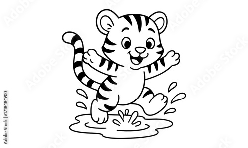Cute cartoon tiger cub splashing in a puddle illustration for kids
