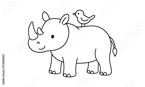 Cute cartoon rhino with bird on back in simple line art