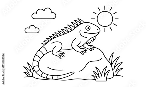 Line art iguana on rock with sun and clouds in nature scene