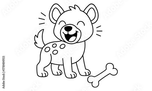 Cute cartoon puppy smiling with bone outline coloring page for kids