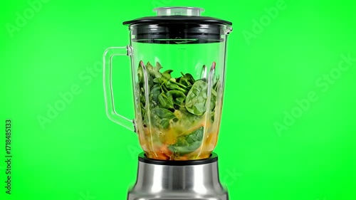 Healthy Smoothie Preparation with Blender: Fresh Vegetables and Fruits for Diet on Green Screen Background, Perfect Kitchen Appliance for Health