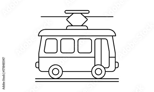 Simple line art of city tram on rails with overhead connection